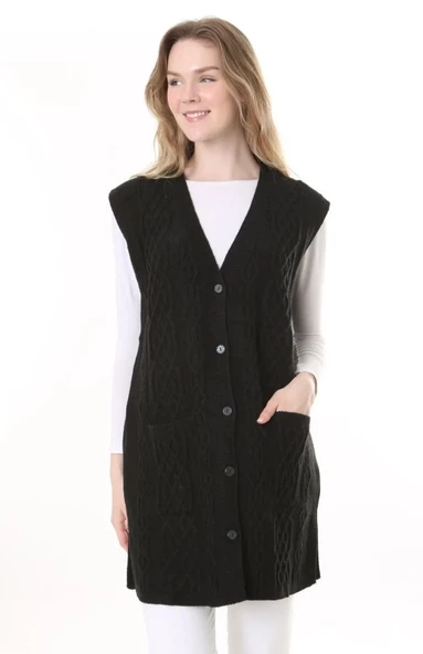 Kadın Yün Kışlık Anne Uzun Triko Yelek - 6