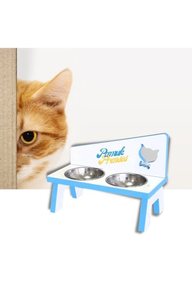 LİVA AHŞAP Kedi Ve Köpek Mama Ve Su Kabı - 2'li Çelik Kaseli-mavi - 4