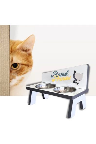 LİVA AHŞAP Kedi Ve Köpek Mama Ve Su Kabı - 2'li Çelik Kaseli-gri - 4