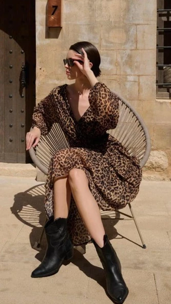 Astarlı Leopar Tül Elbise - 3