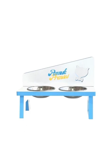 LİVA AHŞAP Kedi Ve Köpek Mama Ve Su Kabı - 2'li Çelik Kaseli-mavi