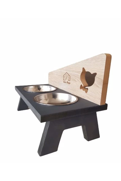 LİVA AHŞAP Çelik Kaseli Ahşap Kedi Köpek Mama Ve Su Kabı - 2