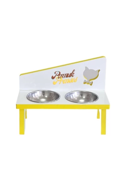 LİVA AHŞAP Kedi Ve Köpek Mama Ve Su Kabı - 2'li Çelik Kaseli- Sarı