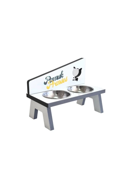 LİVA AHŞAP Kedi Ve Köpek Mama Ve Su Kabı - 2'li Çelik Kaseli-gri - 2