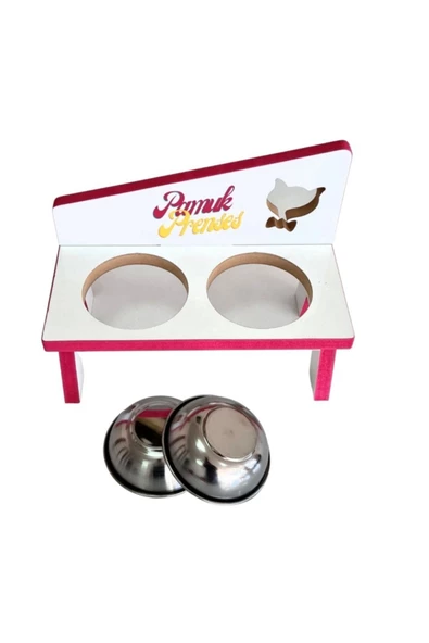 LİVA AHŞAP Kedi Ve Köpek Mama Ve Su Kabı - 2'li Çelik Kaseli-pembe - 3