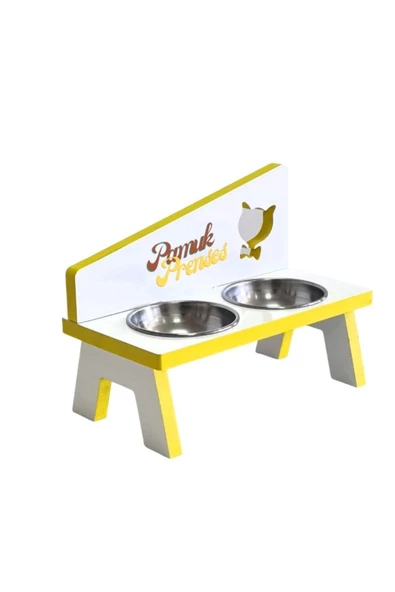 LİVA AHŞAP Kedi Ve Köpek Mama Ve Su Kabı - 2'li Çelik Kaseli- Sarı - 2