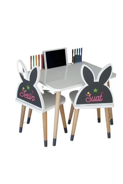 Çocuk Aktivite Oyun Masa Sandalye Takımı2-6 yaş - Tavşanlı- Tablet Yeri ( LİVA AHŞAP ) - 2