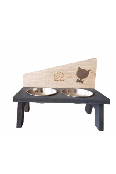 LİVA AHŞAP Çelik Kaseli Ahşap Kedi Köpek Mama Ve Su Kabı