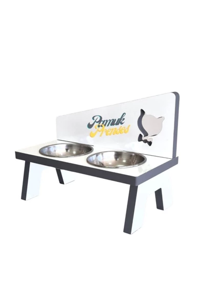 LİVA AHŞAP Kedi Ve Köpek Mama Ve Su Kabı - 2'li Çelik Kaseli-gri - 3