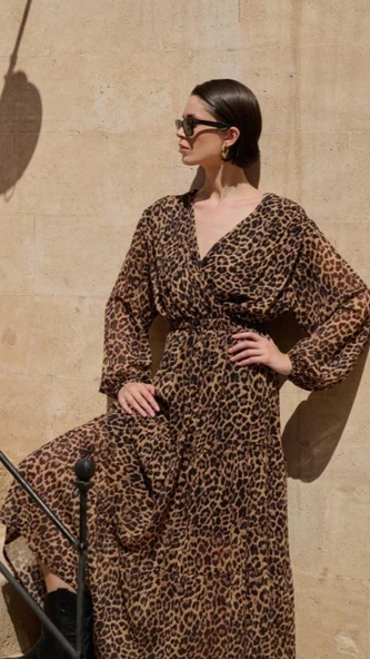Astarlı Leopar Tül Elbise - 5