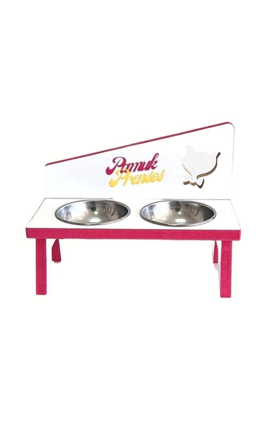 LİVA AHŞAP Kedi Ve Köpek Mama Ve Su Kabı - 2'li Çelik Kaseli-pembe