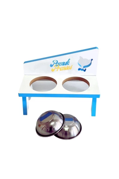 LİVA AHŞAP Kedi Ve Köpek Mama Ve Su Kabı - 2'li Çelik Kaseli-mavi - 3