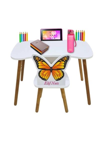 Çocuk Ders Çalışma Masa Sandalye Takımı 4-12 Yaş Kelebekli (LİVA AHŞAP )