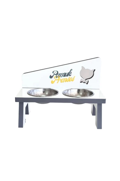 LİVA AHŞAP Kedi Ve Köpek Mama Ve Su Kabı - 2'li Çelik Kaseli-gri