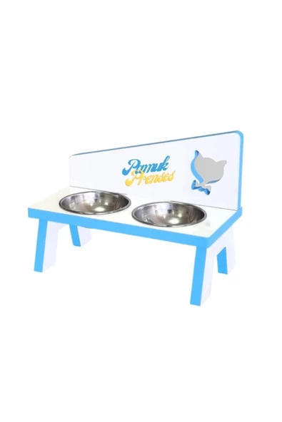 LİVA AHŞAP Kedi Ve Köpek Mama Ve Su Kabı - 2'li Çelik Kaseli-mavi - 2