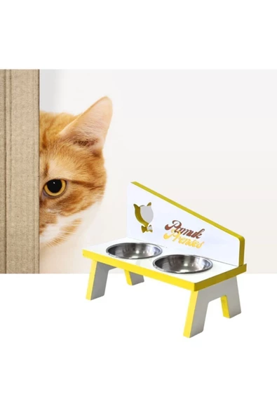 LİVA AHŞAP Kedi Ve Köpek Mama Ve Su Kabı - 2'li Çelik Kaseli- Sarı - 4