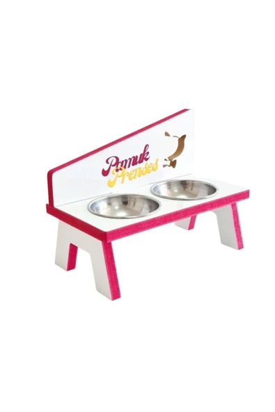 LİVA AHŞAP Kedi Ve Köpek Mama Ve Su Kabı - 2'li Çelik Kaseli-pembe - 2