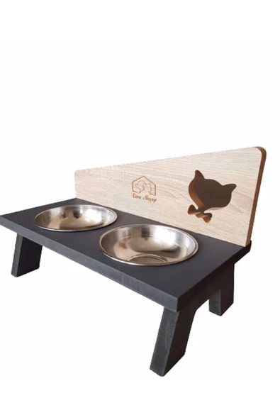 LİVA AHŞAP Çelik Kaseli Ahşap Kedi Köpek Mama Ve Su Kabı - 5