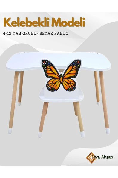 Çocuk Ders Çalışma Masa Sandalye Takımı 4-12 Yaş Kelebekli ( LİVA AHŞAP )