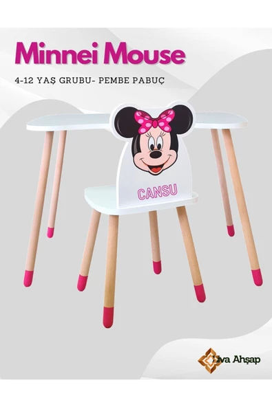 Çocuk Ders Çalışma Masa Sandalye Takım 4-12 Yaş minnie mouse ( LİVA AHŞAP )