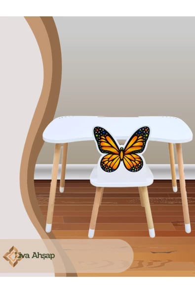 Çocuk Ders Çalışma Masa Sandalye Takımı 4-12 Yaş Kelebekli ( LİVA AHŞAP ) - 2