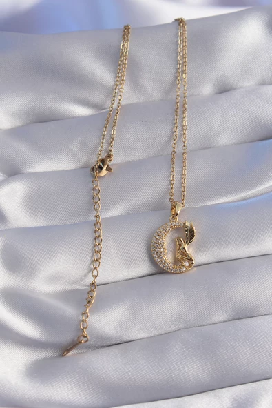 316L Çelik Zincir Gold Renk Kuş Figürlü Zirkon Taşlı Ay Tasarımlı Kolye - TJ-BKO8763 - 2
