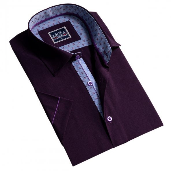 Mürdüm Moru Mavi Göğüs ve Yaka Detaylı Slim Fit Kısa Kollu Erkek Gömlek