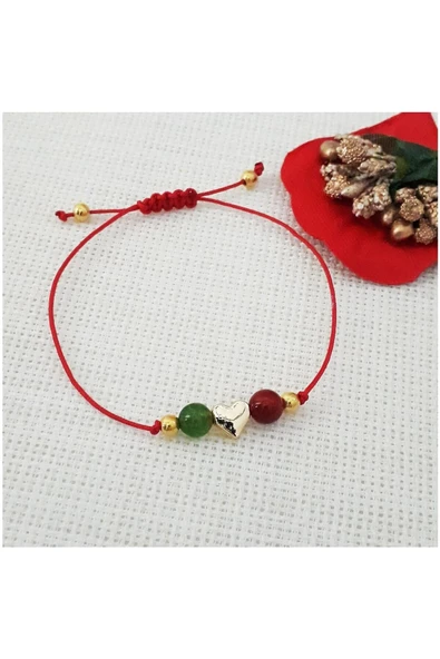 Kırmızı & Yeşil Akik Doğal Taş & Altın Kaplama Kalpli Kırmızı Makrome Örme Kadın Bileklik ürün görseli 1