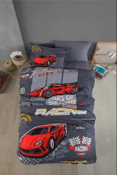 Clasy %100 Pamuk Tek Kişilik Nevresim Takımı Racing Team V1 Antrasit