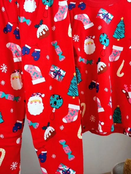 Yılbaşı Temalı Pamuk Unisex Çocuk Bisiklet Yaka Pijama Takımı - 5