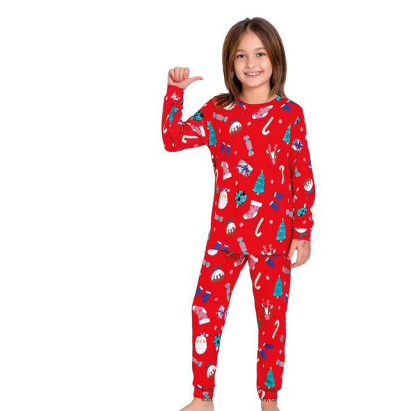 Yılbaşı Temalı Pamuk Unisex Çocuk Bisiklet Yaka Pijama Takımı