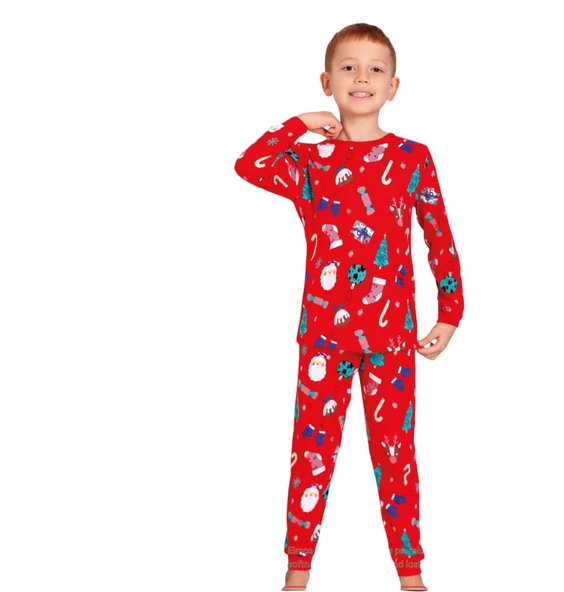 Yılbaşı Temalı Pamuk Unisex Çocuk Bisiklet Yaka Pijama Takımı - 2