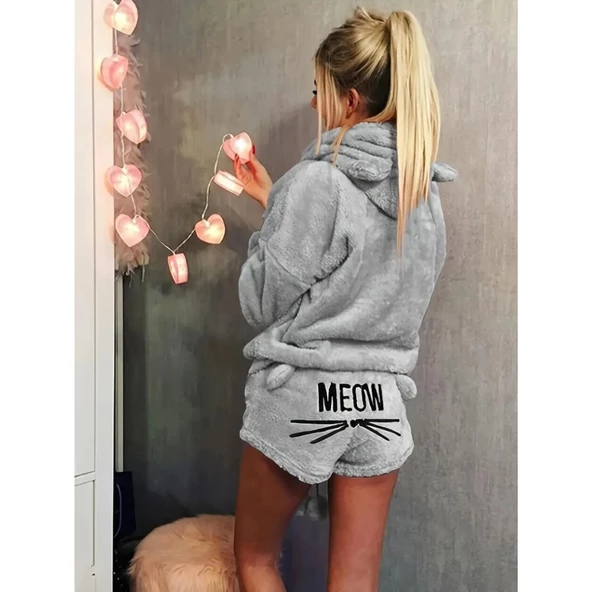 Lucky Life Kadın Uzun Kollu Meow Kedi Nakışlı Kapşonlu Peluş Sweat Ve Short Ikili Takım - 2