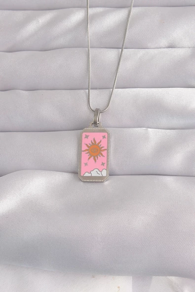 316L Çelik Gümüş Renk Pembe Mineli Güneş Model Tarot Kolye - TJ-BKO9043