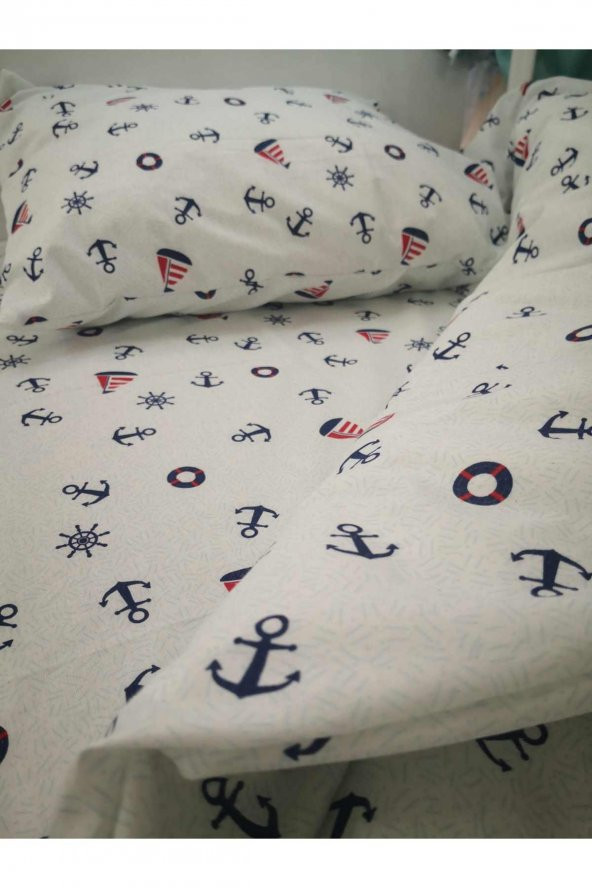 Bebek Özel Pamuklu Bebek/Çocuk Yastık Çarşaf Yorgan Seti Denizci Çıpalı 70x130