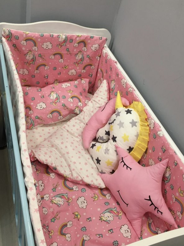 Bebek Özel 100 Pamuk Yenidoğan Bebek Beşik Uyku Seti Pembe Unicorn Desenli 60x120