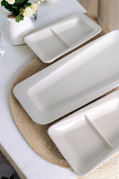 Digithome İstanbul Porselen 3 Parça Bölmeli Kayık Servis Tabağı Seti Krem C-320.035