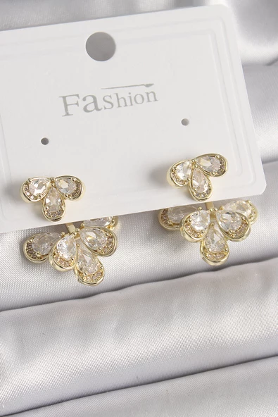 Pirinç Gold Renk Zirkon Taşlı Damla Model Kadın Küpe - TJ-BKP9939 - 1