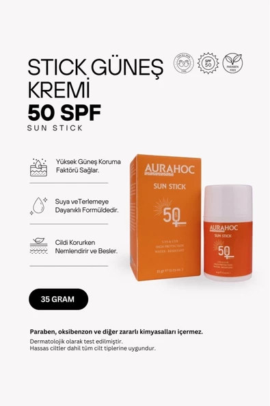 AURAHOC Leke Karşıtı Stick Güneş Kremi  35gr  Spf 50 Mineral Filtreli Yüksek Koruma