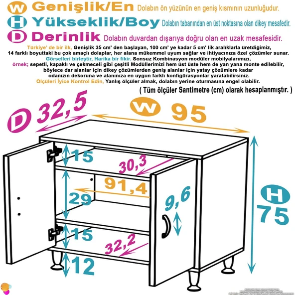 Modilayn SÖKE 95x75x32,5 cm’ lik Küçük Alanlar İçin Akıllı Çözümler 2 Kapaklı 4 Göz Raf Dolap - Resim 4