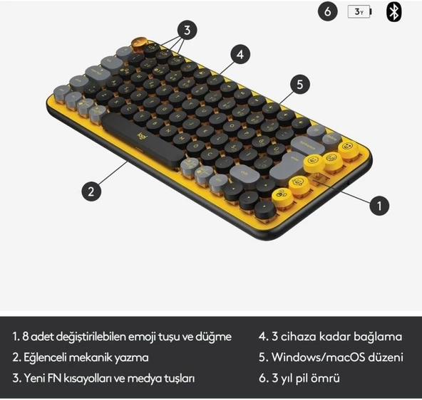 Logitech POP Keys Sarı Siyah Kablosuz Mekanik Klavye - Teşhir - 3