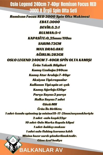 Oslo Legend 240cm 7-40gr Remixon Focus RED 3000 8 Örgü Spin Olta Seti - Resim 2