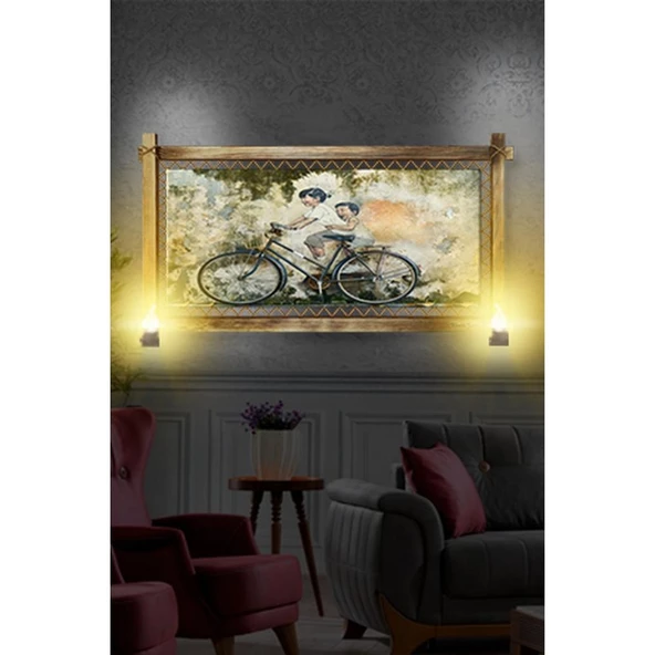 Kanvas Bisikletli Çocuk Rustik Lambalı Tablo - Resim 3