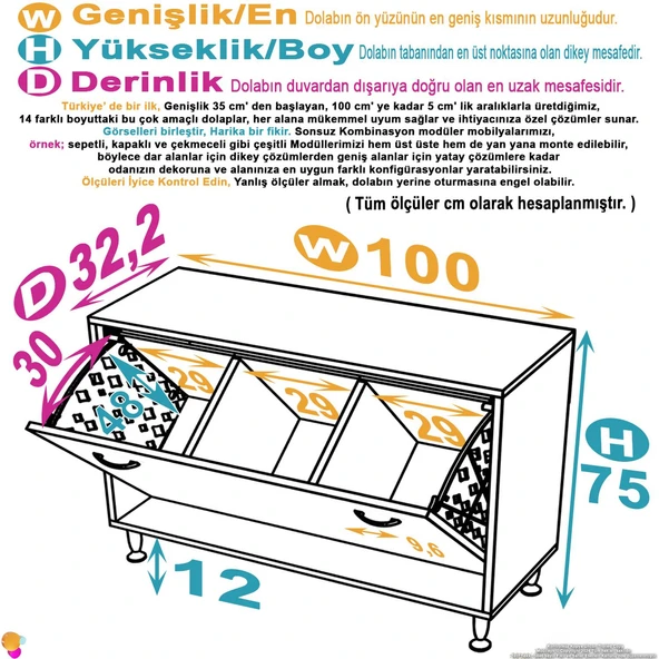 Modilayn SÖKE 100x75x32,5 cm lik Ekstra Büyük 3 Çamaşır Sepet Hazneli Dolap Banyonuzun Yeni Gözdesi - 4