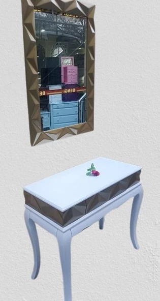 Dresuar Piramit MODEL90519 Kayın Lükens Ayak MDF Tabla Ve Ayna Gold Beyaz ElYapım - Resim 2