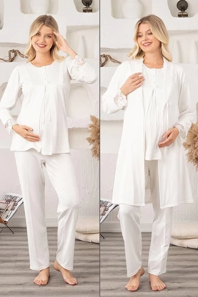 Bone 5905 Kadın Lohusa Viskon Klasik 3'lü Pijama Takımı - 3