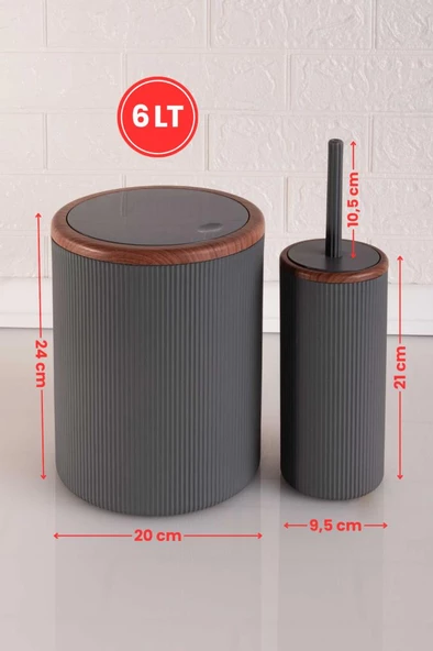 Ahşap Desenli Sallanır Kapak Çizgili Banyo Çöp Kovası Fırça Seti Gri - Resim 4