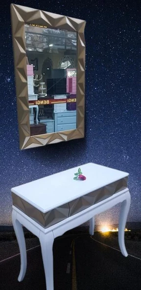 Dresuar Piramit MODEL90519 Kayın Lükens Ayak MDF Tabla Ve Ayna Gold Beyaz ElYapım - Resim 7