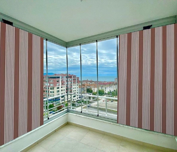 Ceylan Home Balkon Perdesi Kahverengi İnce Çizgili Bağcıklı 725x250