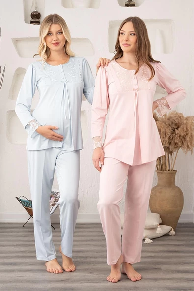 Bone 5905 Kadın Lohusa Viskon Klasik 3'lü Pijama Takımı - 5